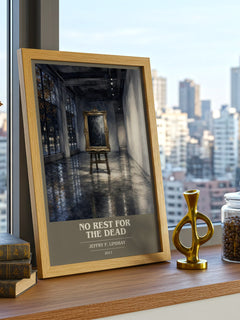 No Rest for the Dead book cover print framed by window – literary home decor