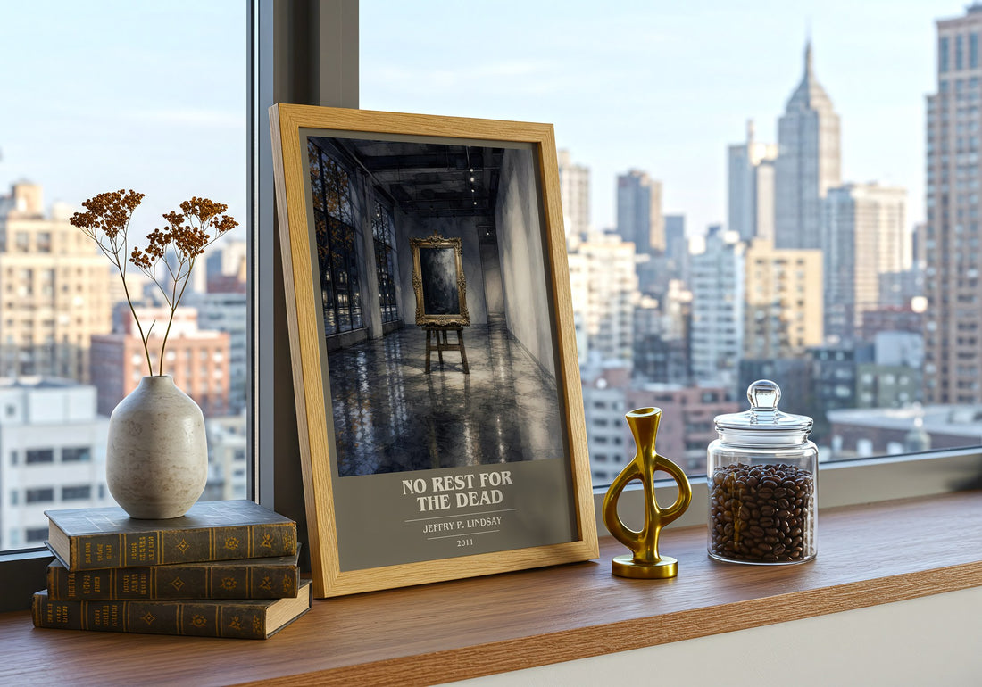 No Rest for the Dead book cover print framed by window – literary home decor