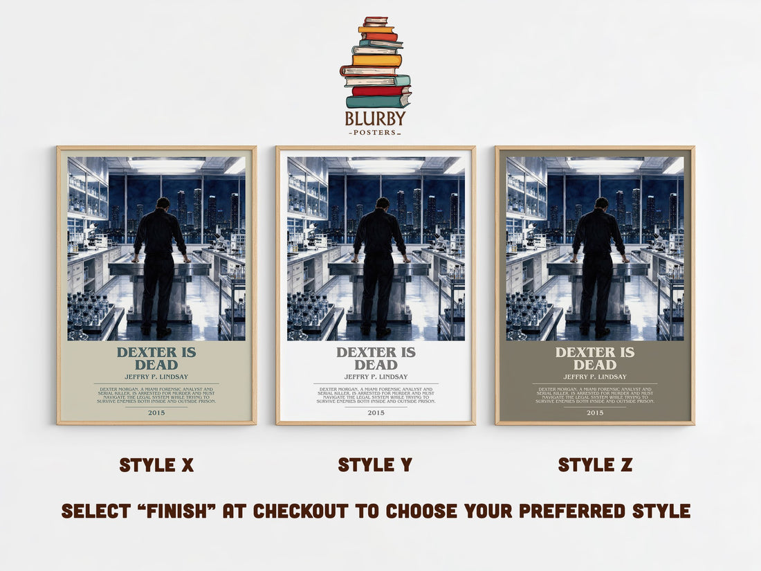 Dexter is dead bookish print in frame leaning in hallway – crime wall art (mockup)