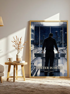 Dexter is dead watercolour print in frame leaning in hallway – crime wall art