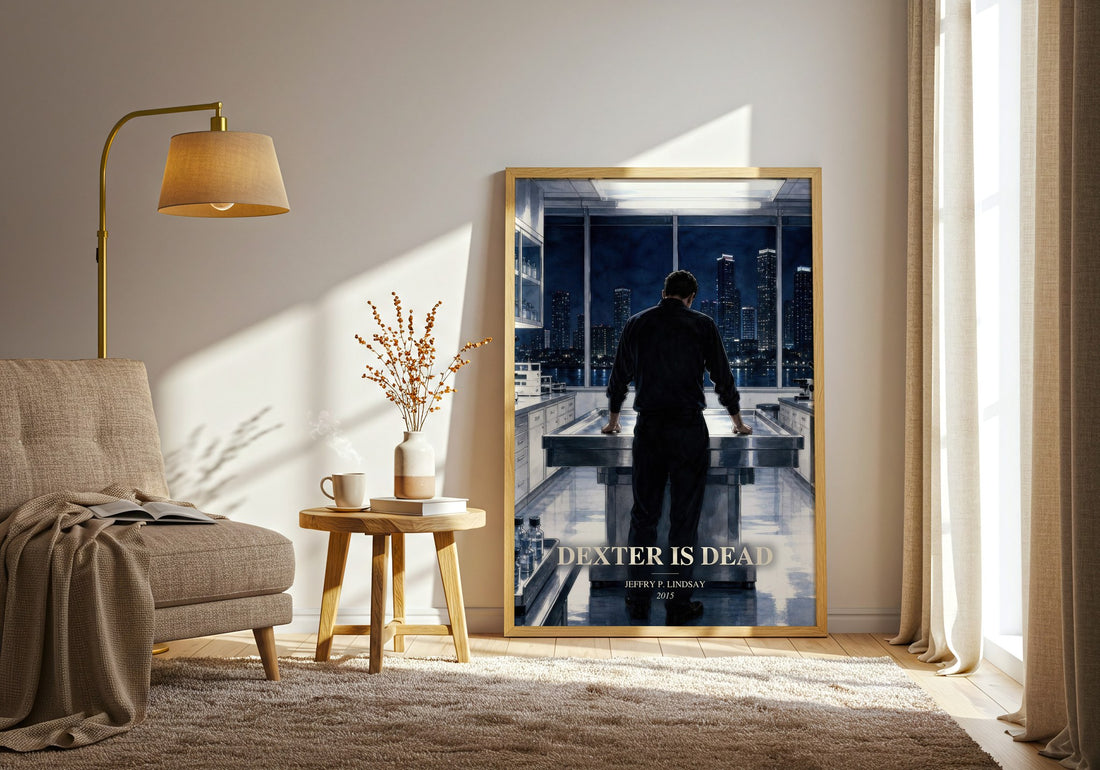 Dexter is dead watercolour print in frame leaning in hallway – crime wall art