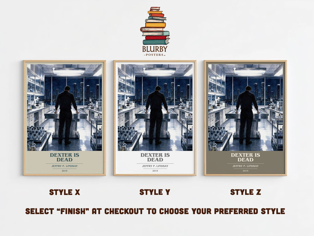 Dexter is dead book cover print in frame leaning in hallway – crime wall art (mockup)