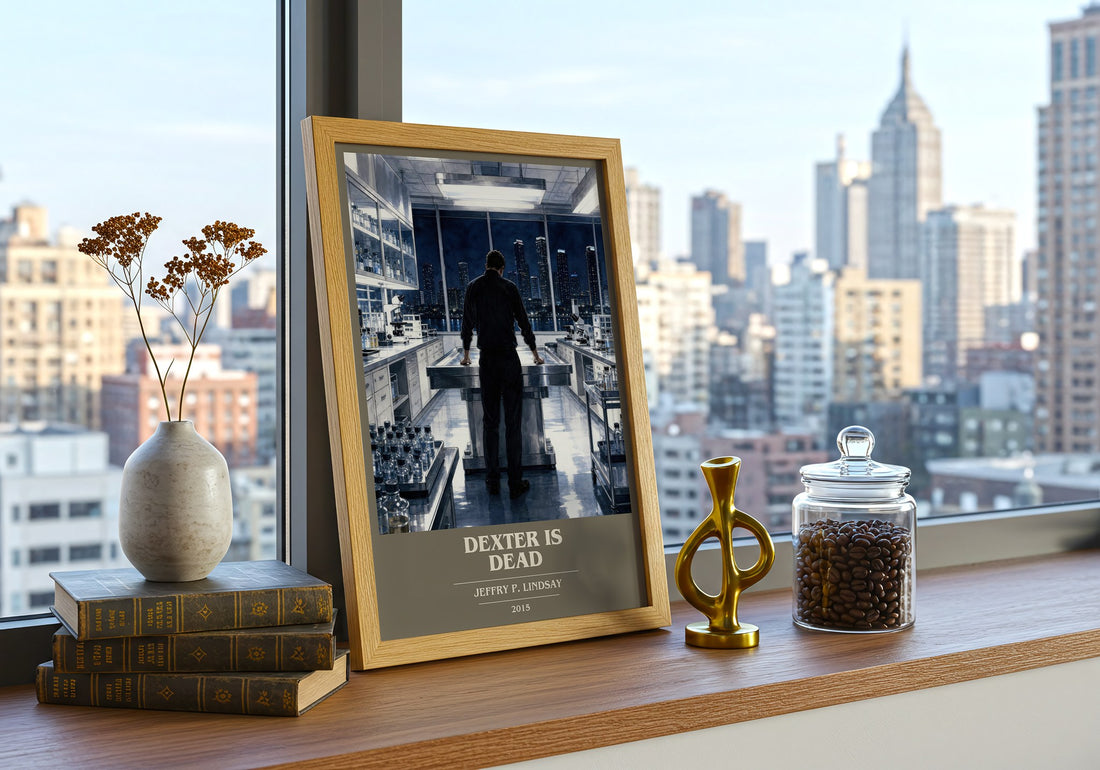 Dexter is dead book cover print framed by window – literary home decor