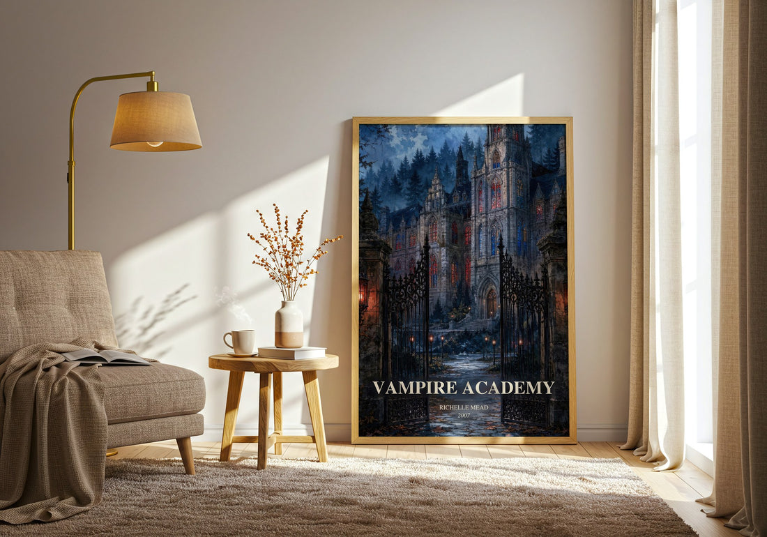 Vampire Academy watercolour print in frame leaning in hallway – young adult wall art
