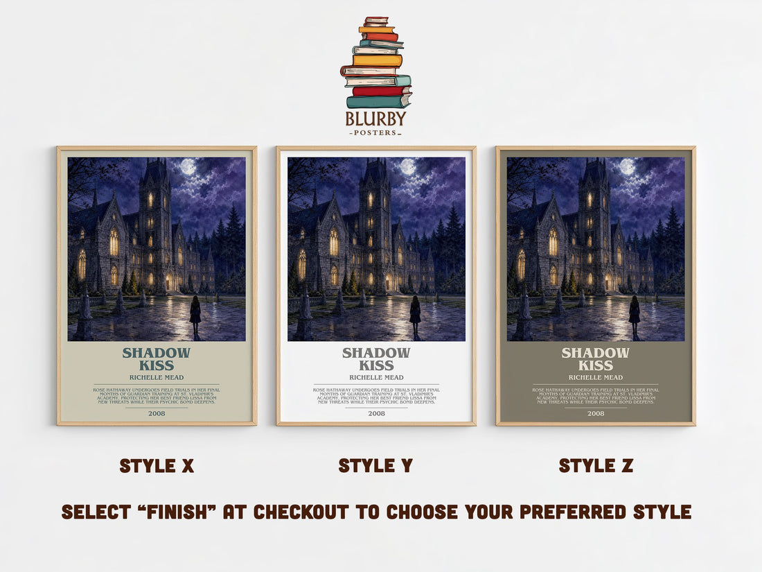 Shadow Kiss bookish print in frame leaning in hallway – young adult wall art (mockup)