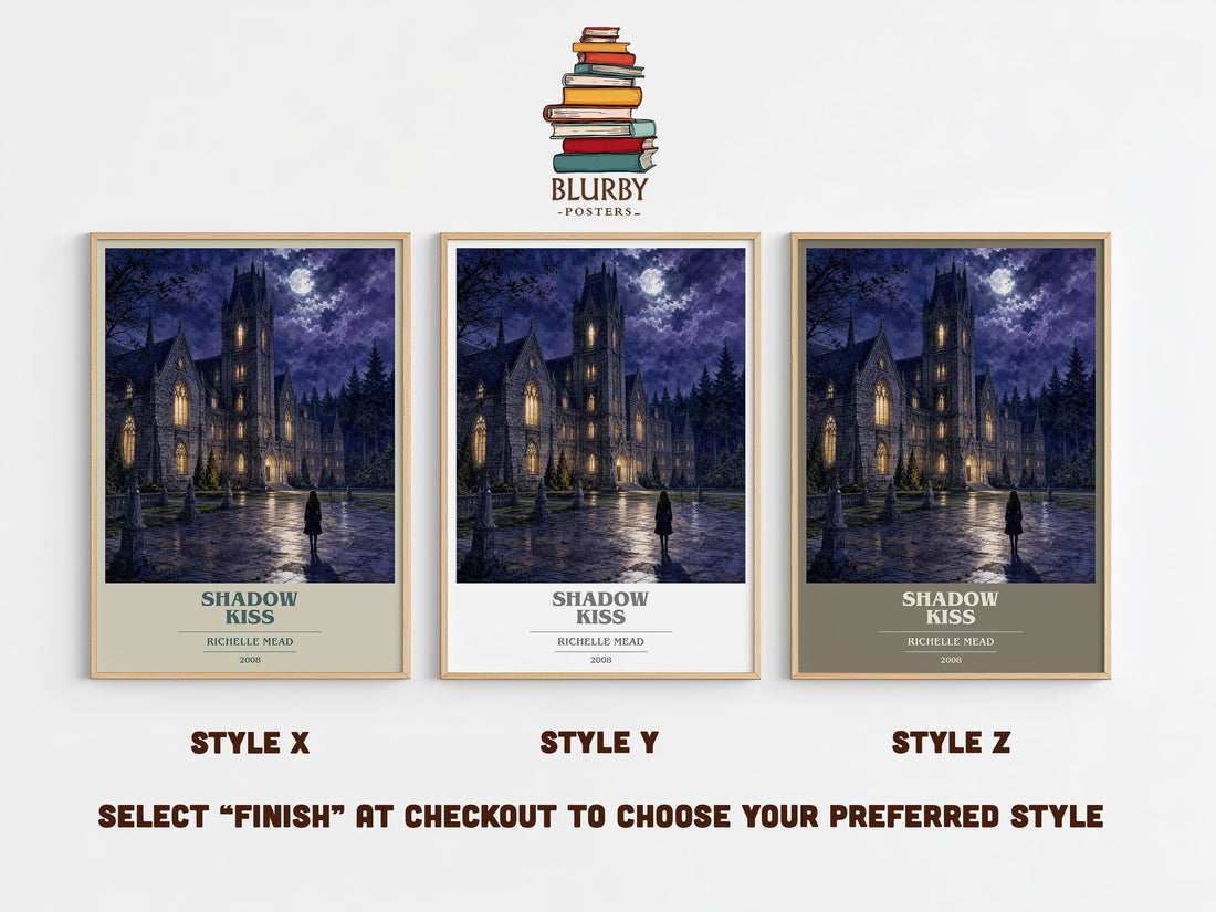Shadow Kiss book cover print in frame leaning in hallway – young adult wall art (mockup)