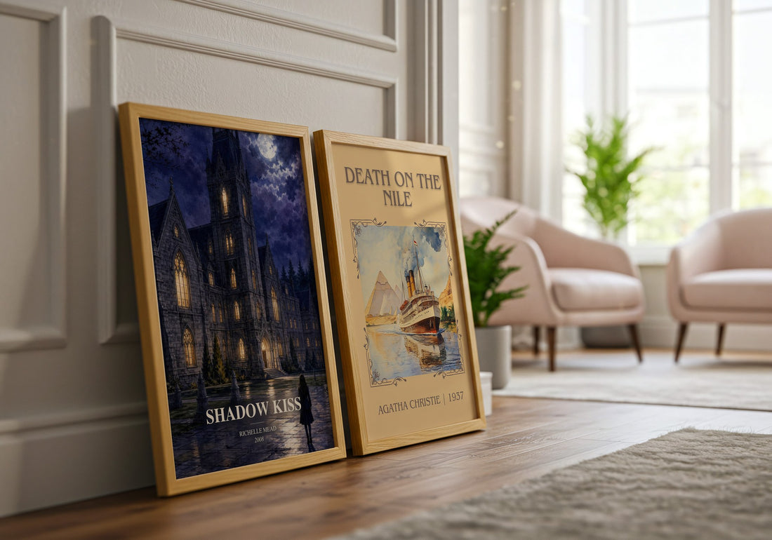 Shadow Kiss watercolour print framed by window – literary home decor