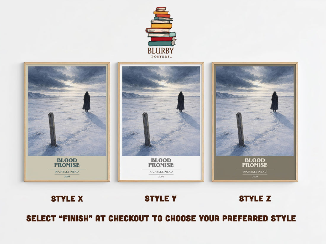Blood Promise book cover print in frame leaning in hallway – young adult wall art (mockup)