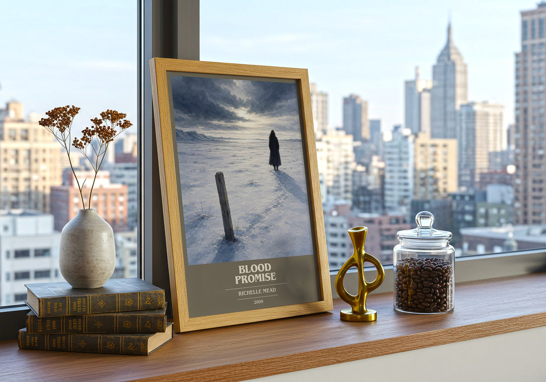Blood Promise book cover print framed by window – literary home decor