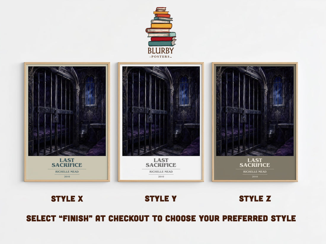 Last Sacrifice book cover print in frame leaning in hallway – young adult wall art (mockup)