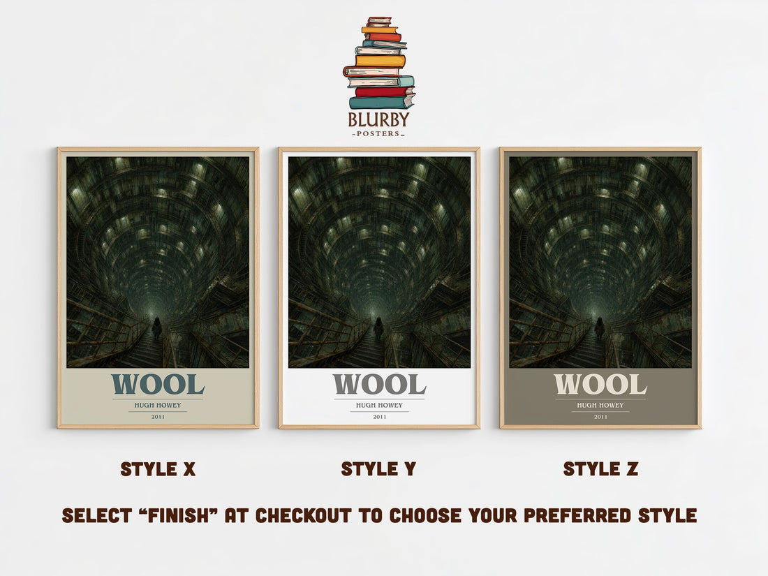 Wool book cover print in frame leaning in hallway – dystopian wall art (mockup)