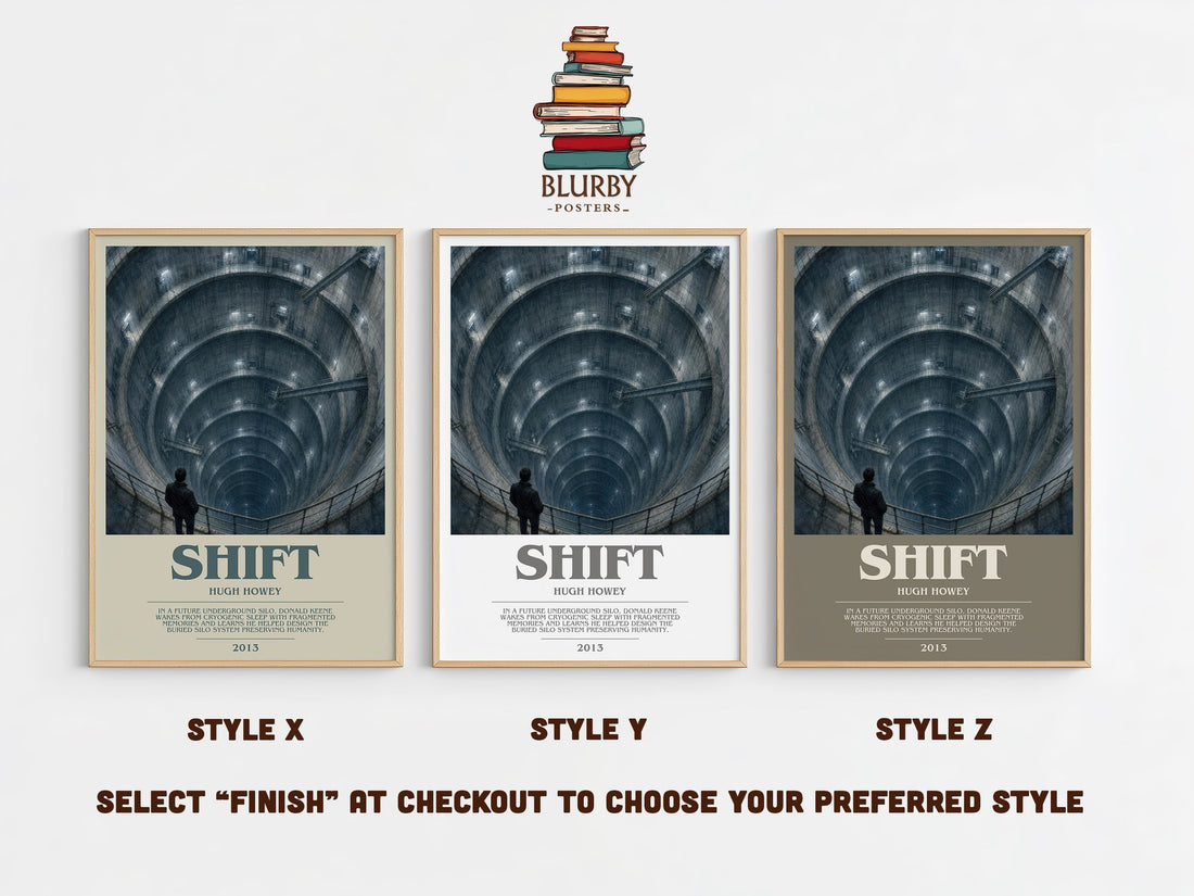 Shift bookish print in frame leaning in hallway – dystopian wall art (mockup)