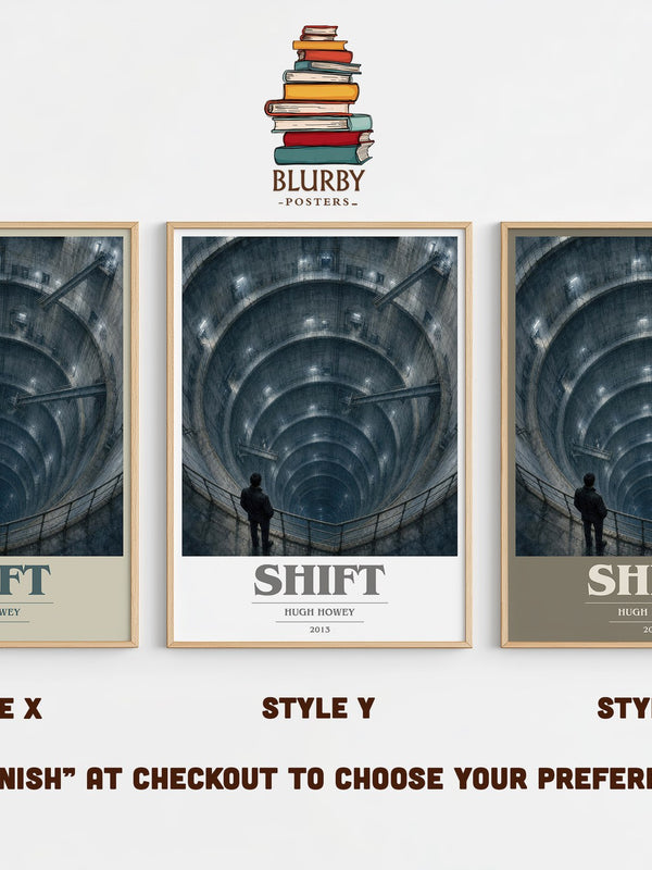 Shift book cover print in frame leaning in hallway – dystopian wall art