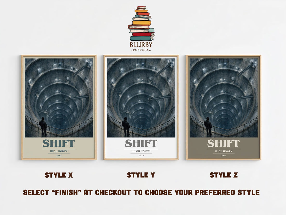 Shift book cover print in frame leaning in hallway – dystopian wall art (mockup)