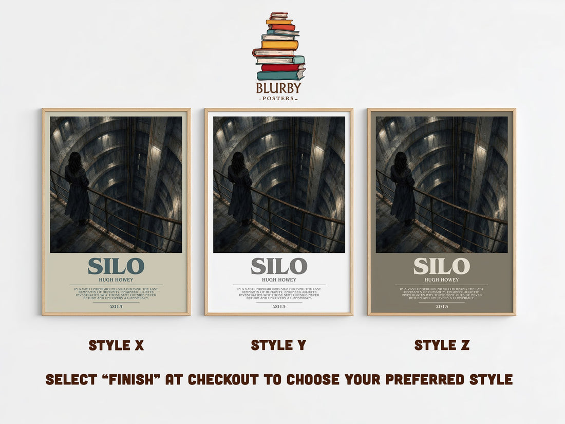 Silo bookish print in frame leaning in hallway – dystopian wall art (mockup)