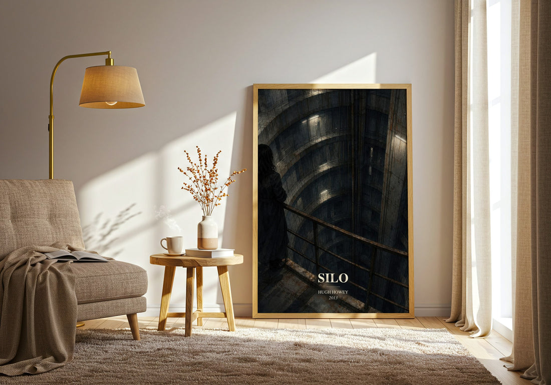 Silo watercolour print in frame leaning in hallway – dystopian wall art