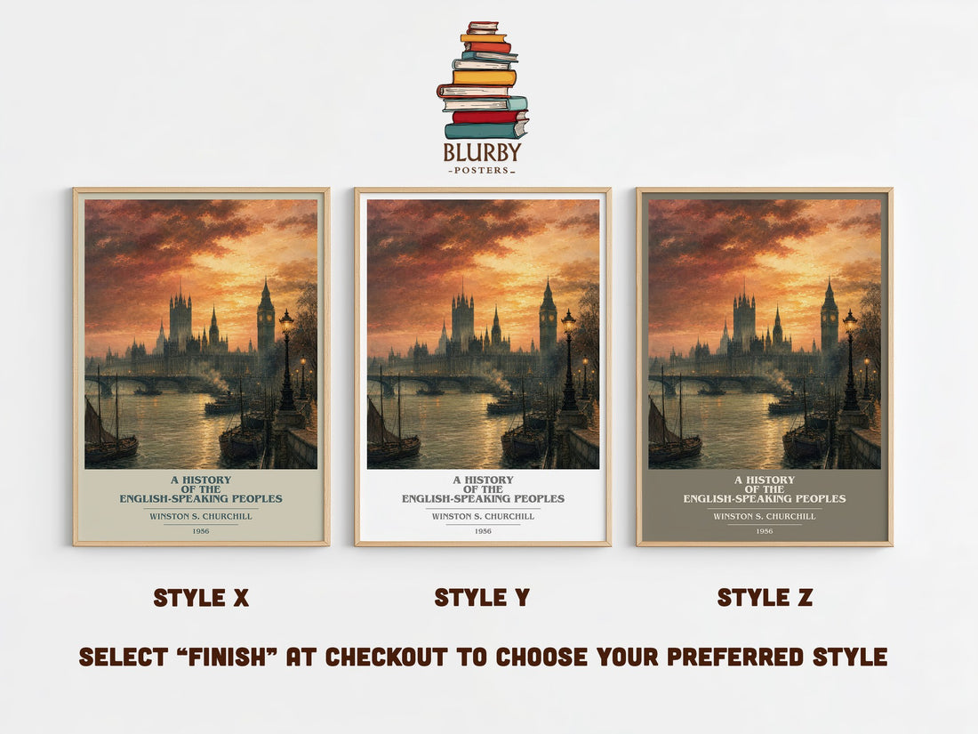 A History of the English-Speaking Peoples book cover print in frame leaning in hallway – non fiction wall art (mockup)