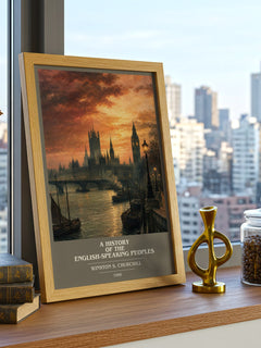 History of the English-Speaking Peoples Book Cover Poster by Winston S. Churchill – framed print on a city-view windowsill