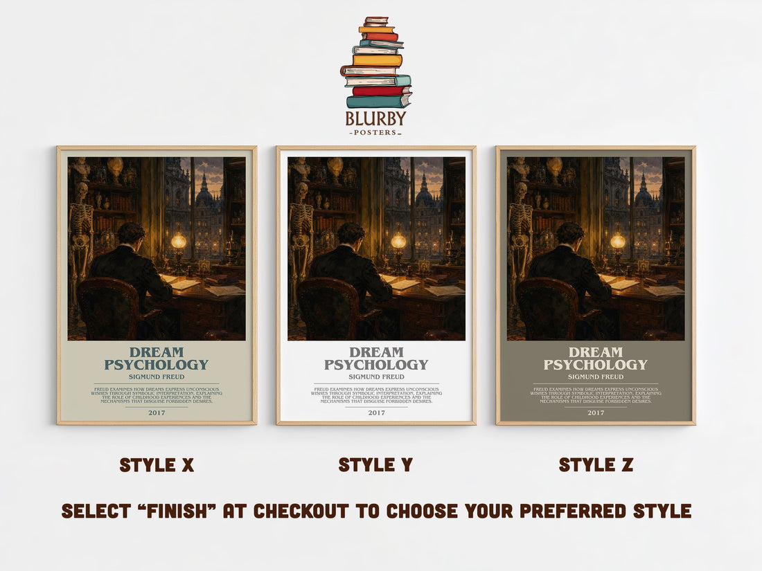 Dream Psychology bookish print in frame leaning in hallway – non fiction wall art (mockup)