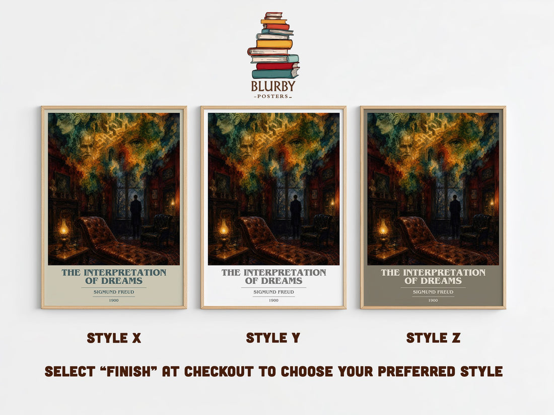 The Interpretation of Dreams book cover print in frame leaning in hallway – non fiction wall art (mockup)