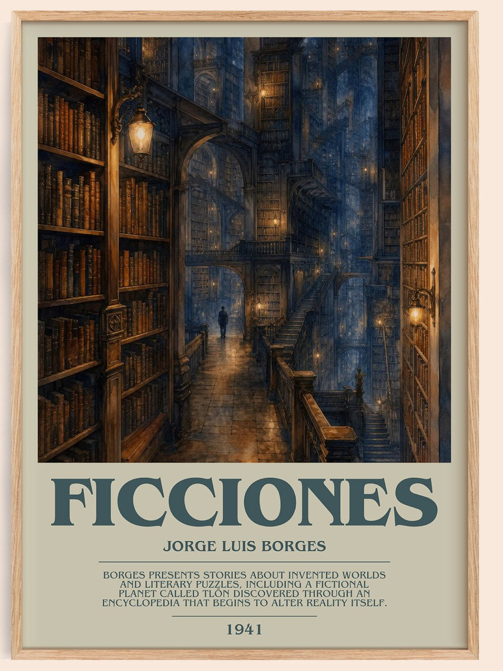 Ficciones bookish book poster by Jorge Luis Borges – framed literary art print