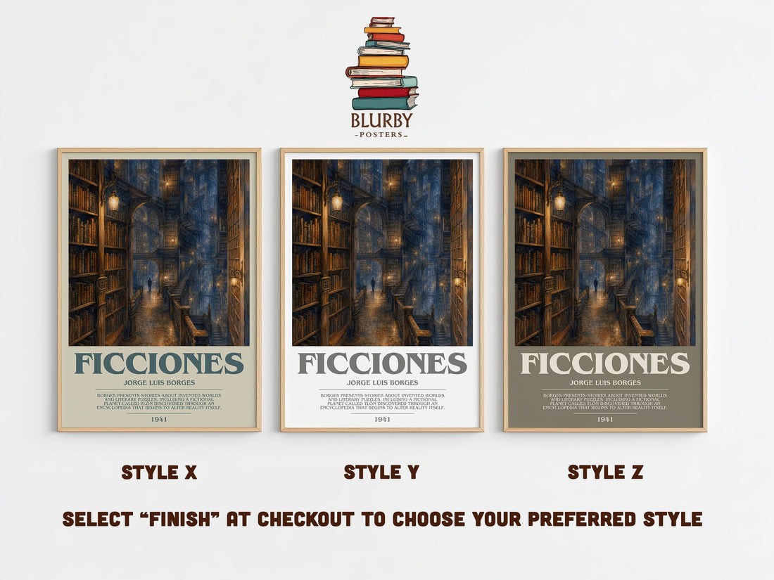 Ficciones bookish print in frame leaning in hallway – literary fiction wall art (mockup)