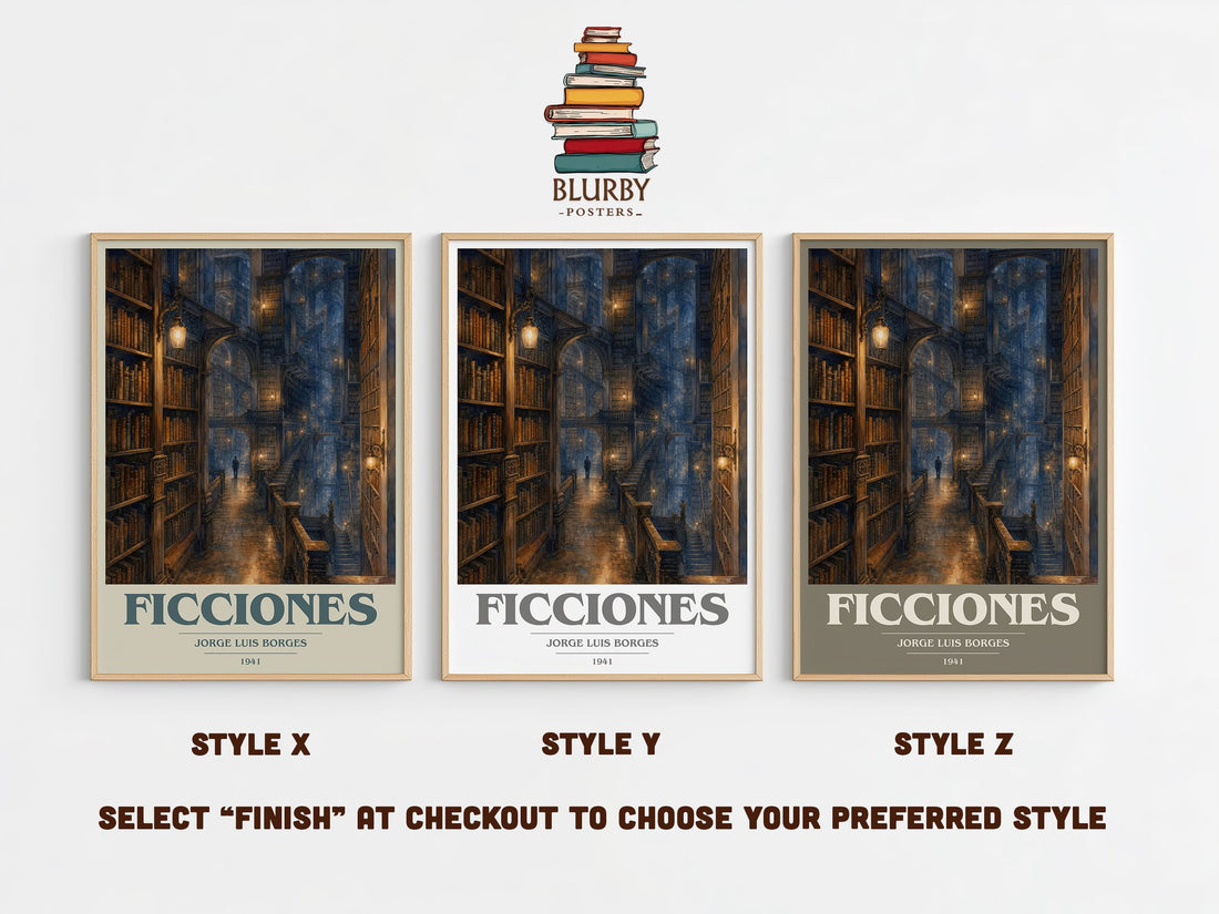 Ficciones book cover print in frame leaning in hallway – literary fiction wall art (mockup)
