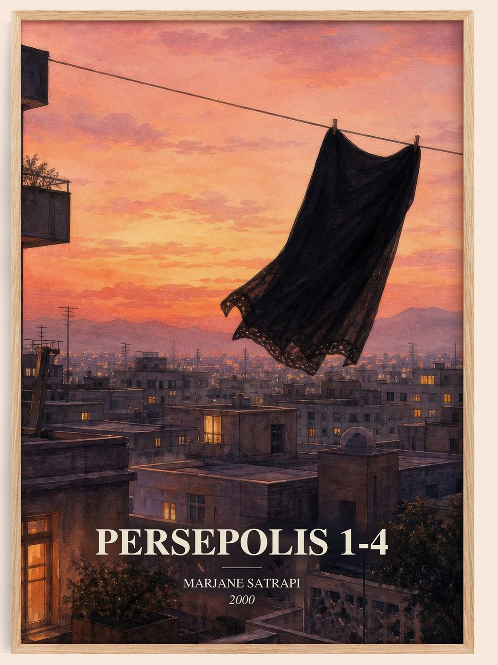 Persepolis 1-4 watercolour book poster by Marjane Satrapi – framed literary art print