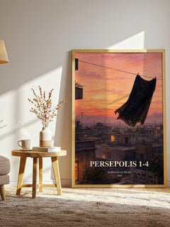 Persepolis 1-4 watercolour print in frame leaning in hallway – memoir wall art