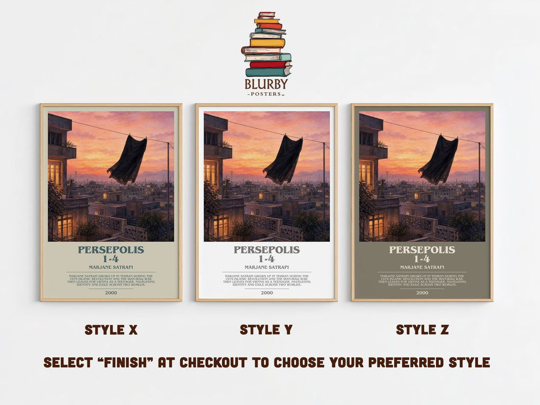 Persepolis 1-4 bookish print in frame leaning in hallway – memoir wall art (mockup)