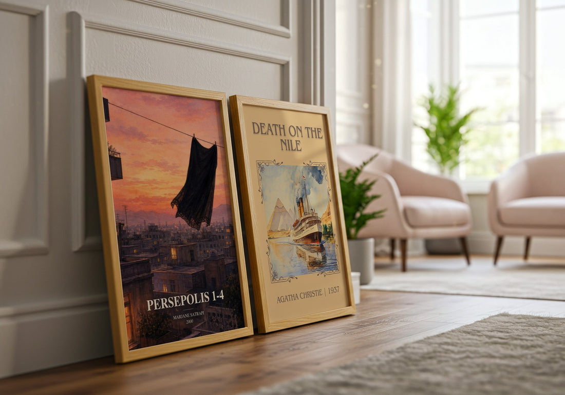 Persepolis 1-4 watercolour print framed by window – literary home decor