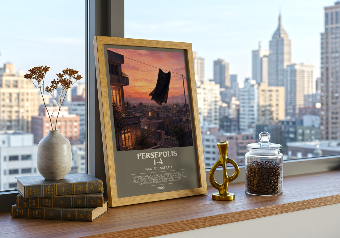 Persepolis 1-4 Bookish Wall Art by Marjane Satrapi – framed print on a city-view windowsill