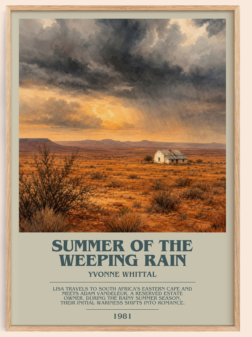 Summer of the Weeping Rain bookish book poster by Yvonne Whittal – framed literary art print