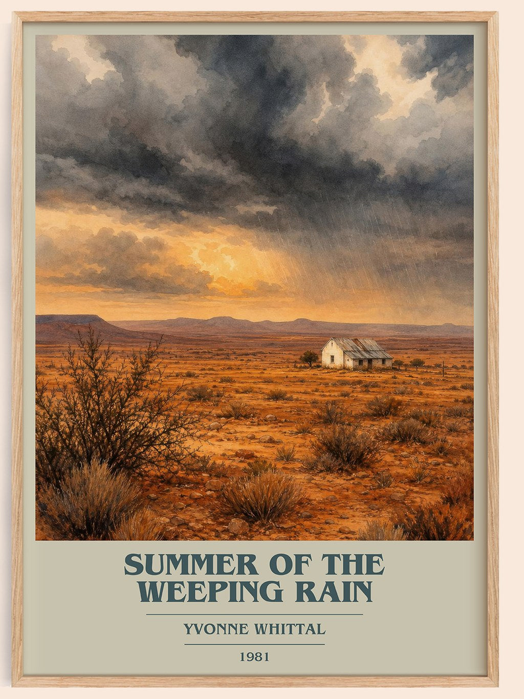 Summer of the Weeping Rain book cover book poster by Yvonne Whittal – framed literary art print