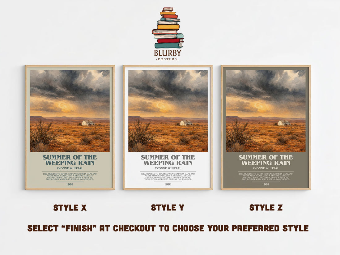 Summer of the Weeping Rain bookish print in frame leaning in hallway – romance wall art (mockup)