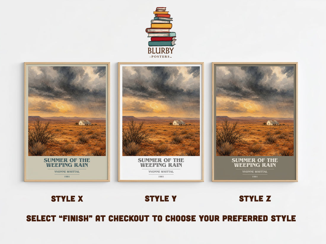 Summer of the Weeping Rain book cover print in frame leaning in hallway – romance wall art (mockup)