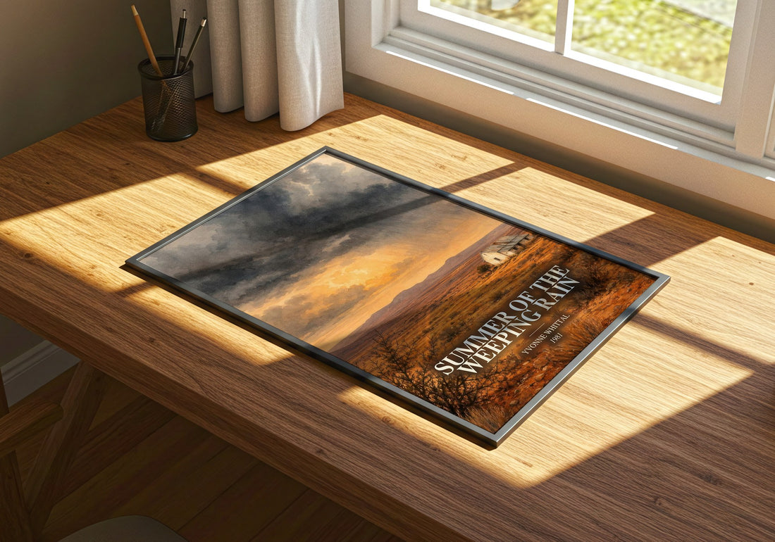Summer of the Weeping Rain watercolour book poster framed on wall – romance wall art