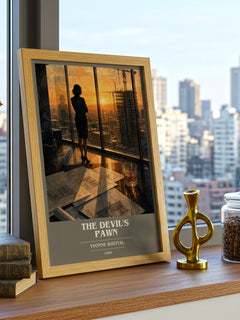 The Devil's Pawn book cover print framed by window – literary home decor