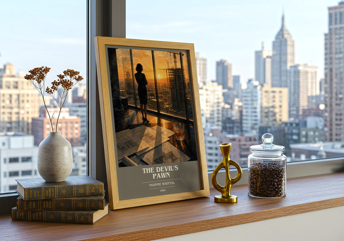 The Devil's Pawn book cover print framed by window – literary home decor