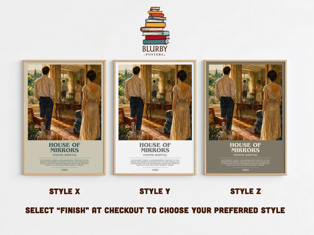 House of Mirrors bookish print in frame leaning in hallway – romance wall art (mockup)