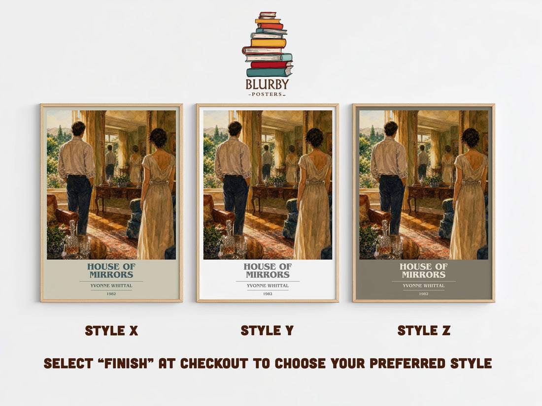 House of Mirrors book cover print in frame leaning in hallway – romance wall art (mockup)