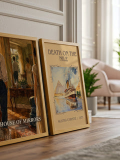 House of Mirrors watercolour print framed by window – literary home decor