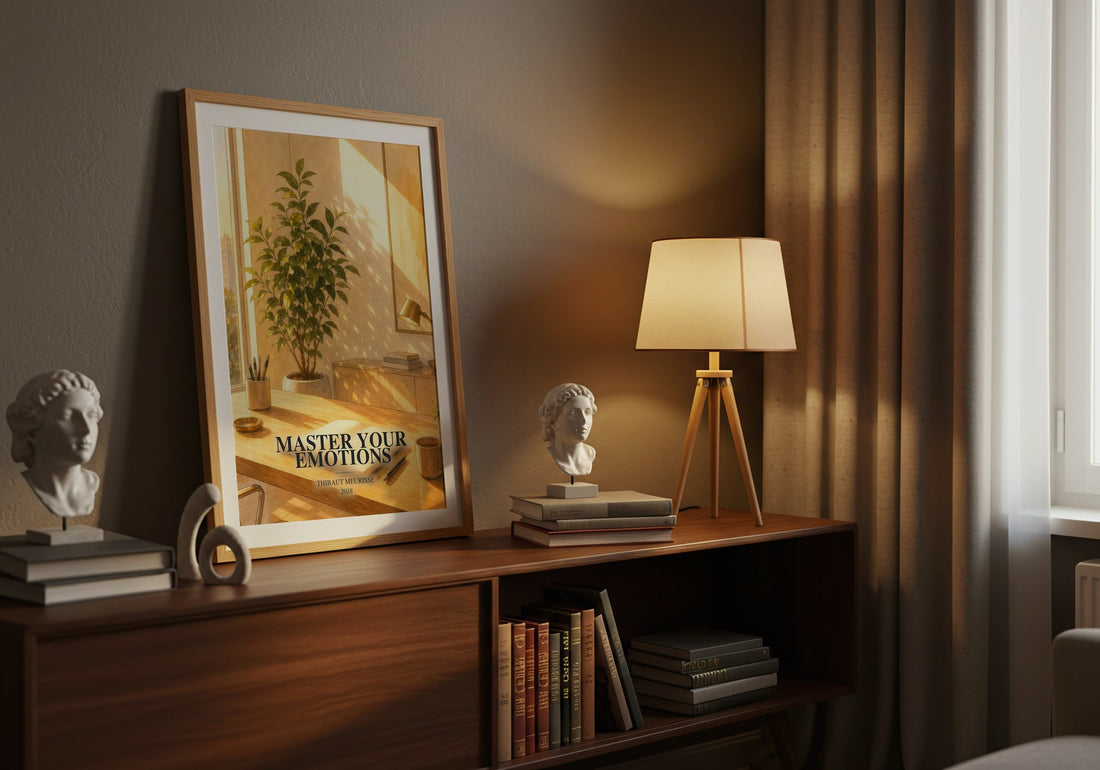 Master Your Emotions watercolour print on bookshelf – Thibaut Meurisse fan gift