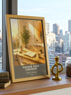 Master Your Emotions book cover print framed by window – literary home decor