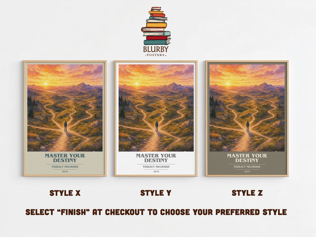 Master Your Destiny book cover print in frame leaning in hallway – non fiction wall art (mockup)