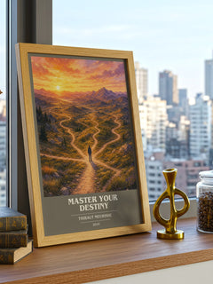 Master Your Destiny book cover print framed by window – literary home decor