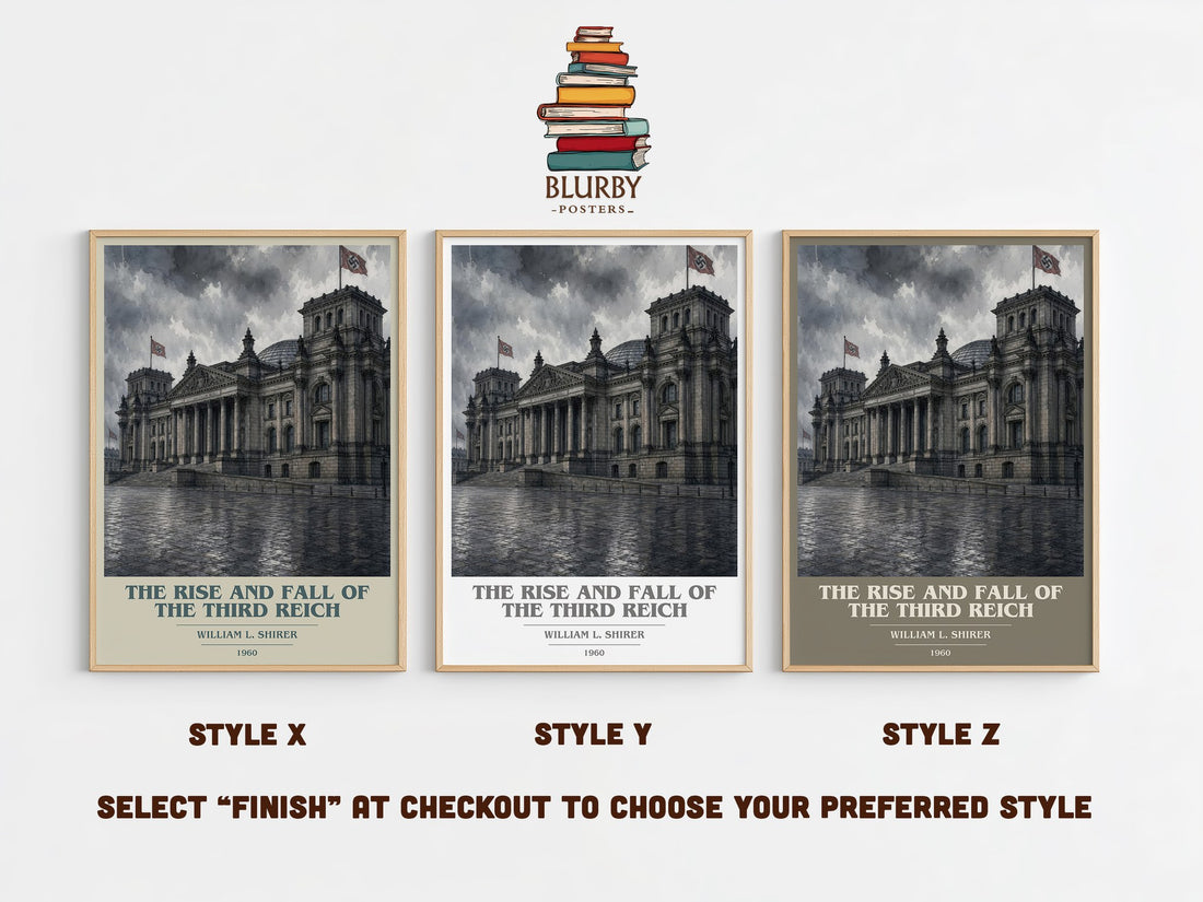 The Rise and Fall of the Third Reich book cover print in frame leaning in hallway – non fiction wall art (mockup)