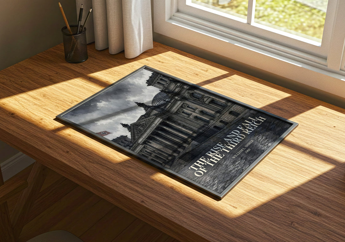 The Rise and Fall of the Third Reich watercolour book poster framed on wall – non fiction wall art