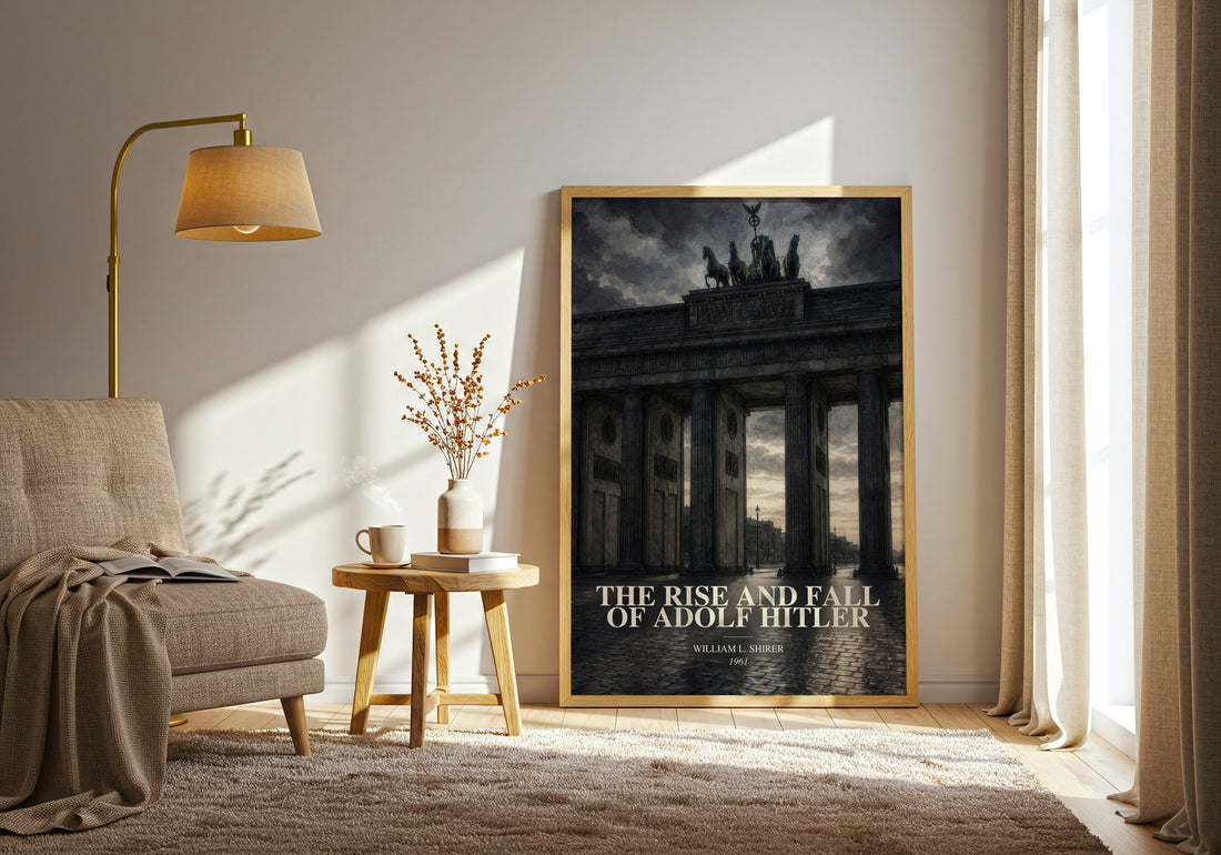 The rise and fall of Adolf Hitler watercolour print in frame leaning in hallway – non fiction wall art
