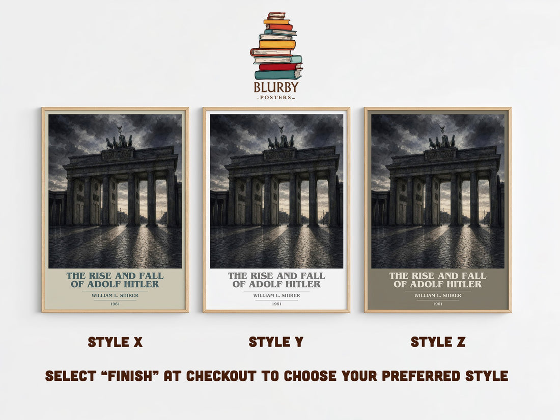The rise and fall of Adolf Hitler book cover print in frame leaning in hallway – non fiction wall art (mockup)